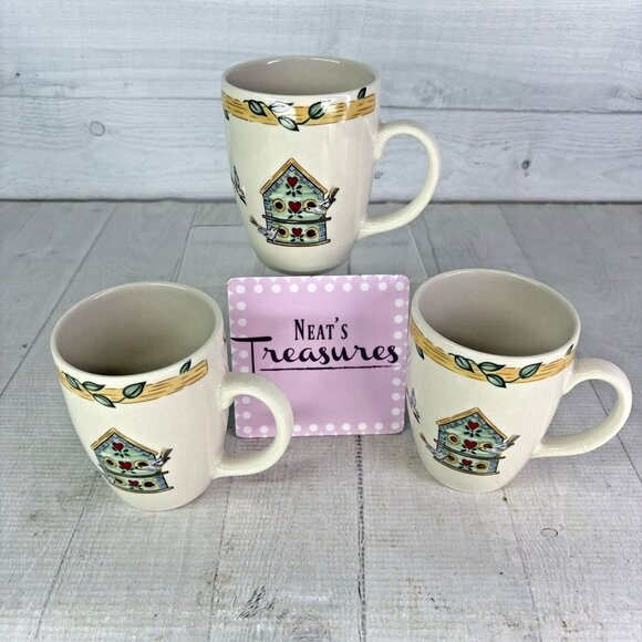 Thomson Pottery BIRDHOUSE 39146 Birds Vines Hearts 12oz 4" Tall Mug Cup  Set 3 - Picture 1 of 16
